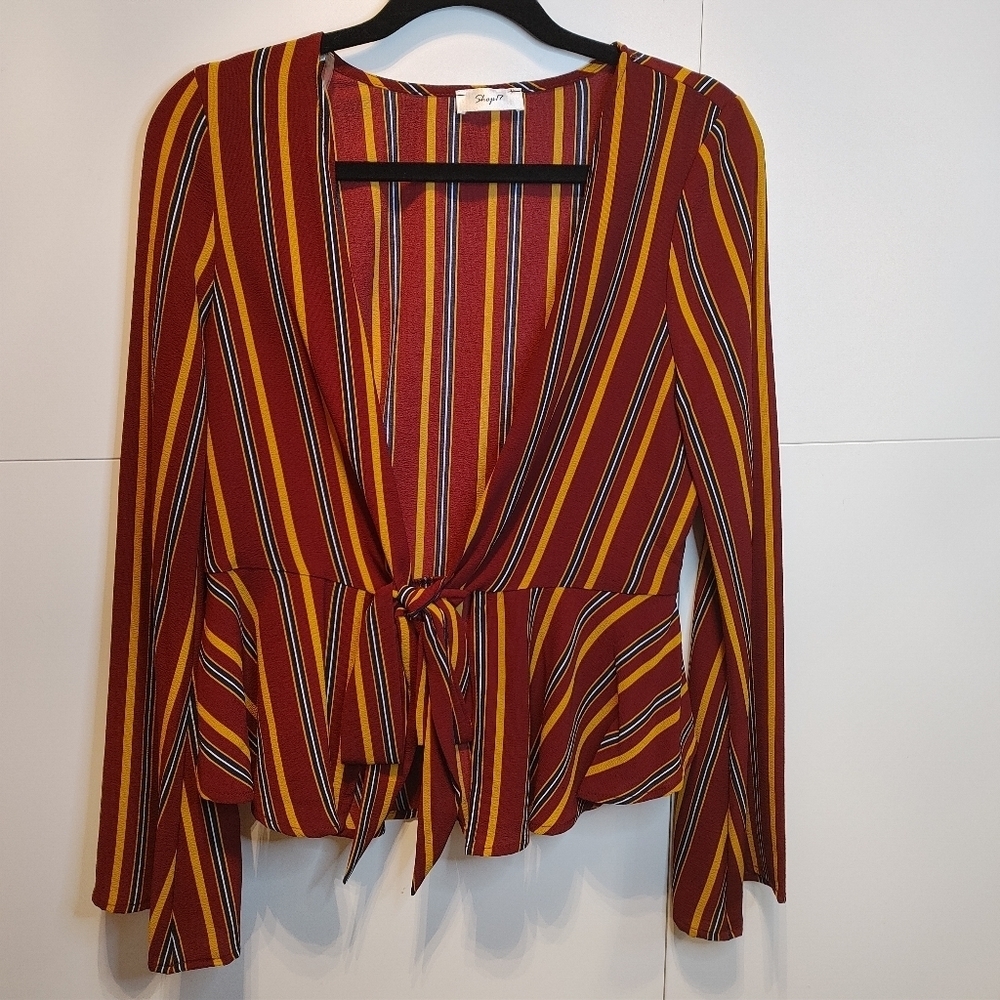 Boutique Deep V Tie Front Peplum Blouse Bell Sleeve Striped Top Medium NWT - Picture 2 of 6